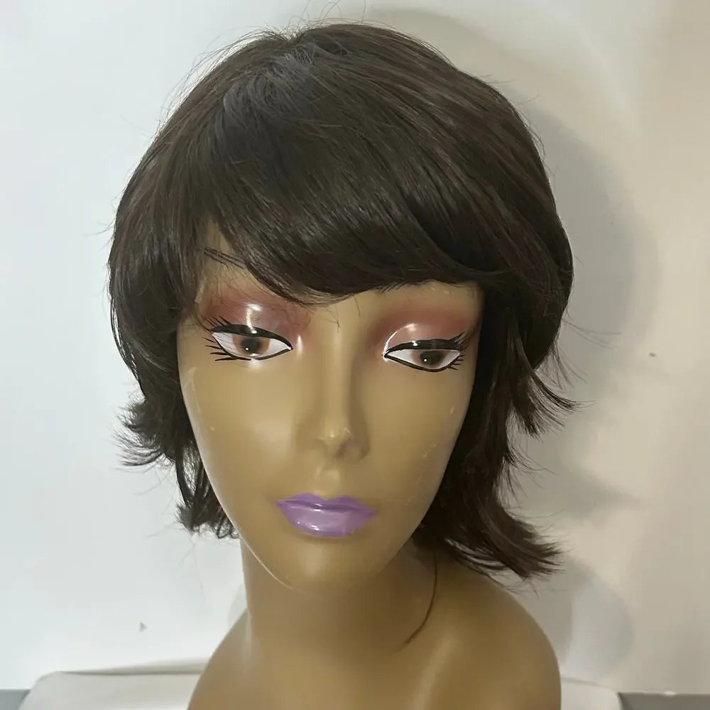 Dark Brown Short Layered Shag Wig Side Swept Bangs Feathered Flip Style male